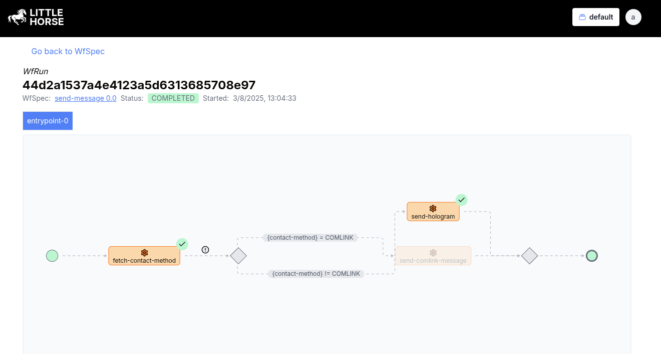 The WfRun dashboard showing which conditional branch was executed.