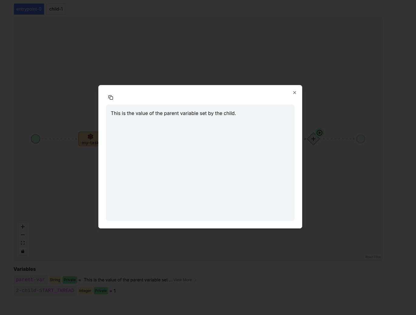 A modal on the dashbord showing that the value of the parent's variable has been modified by the child