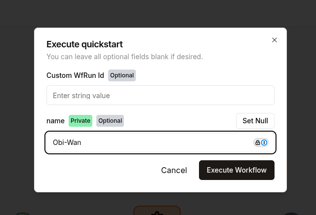 A screen capture of the 'Execute WfRun' widget in the LittleHorse dashboard, in which the user provides a value for the `name` variable..